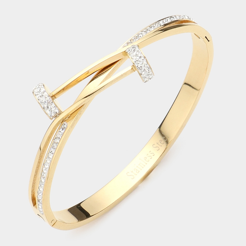 Gold Rhinestone Nail Head Screw Shaped Cuff Bracelet Bangle Double Statement